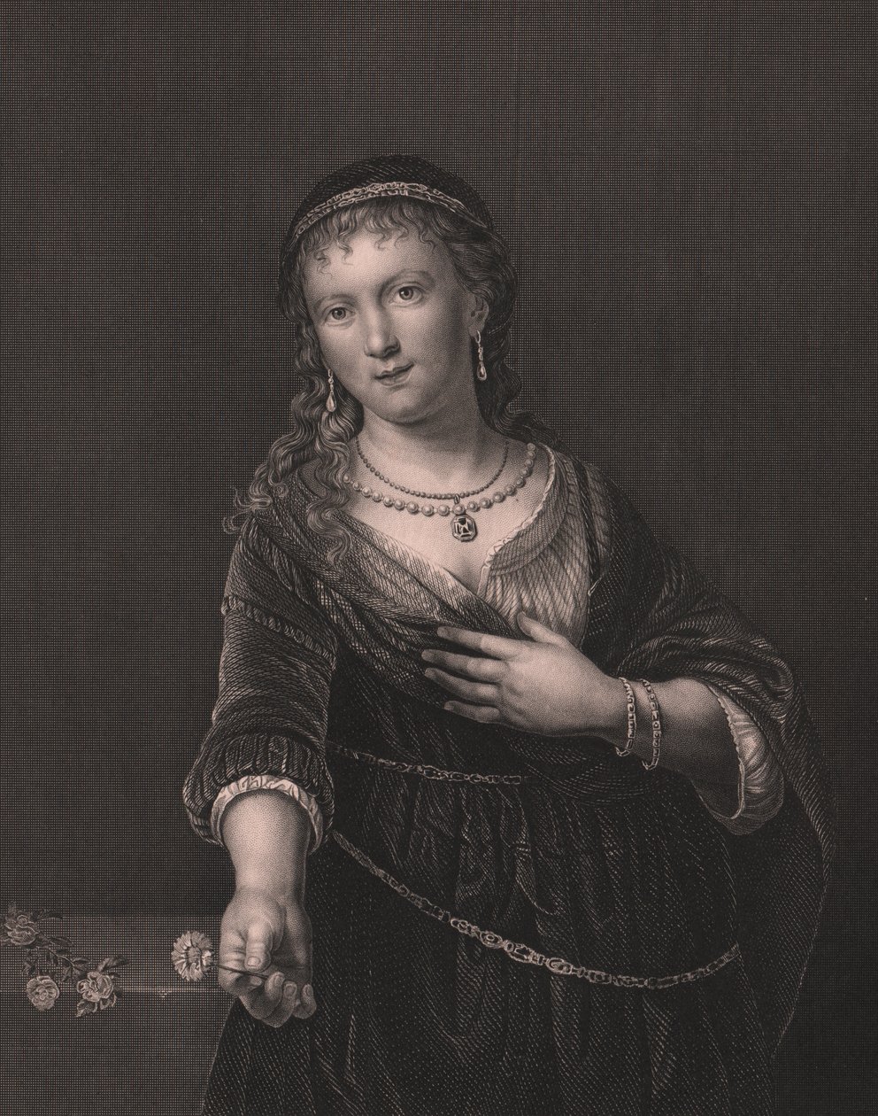صورة لساسكيا فان أولينبرج (1612-1642) ، زوجة رامبرانت ، نقش دانيال جون باوند من لوحة رامبرانت ، من معرض باين الملكي في دريسدن ، بقلم ألبرت هنري باين ، ناشر إتش باين دريسدن ولايبزيغ ، حوالي عام 1840 بواسطة سيفيريني سيفيريني