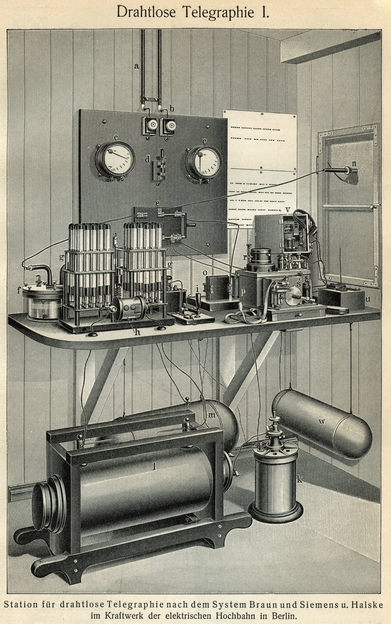 Progress of telecommunications: science and technology board representing an old telegraph station. Illustration taken from “” Meyers Grosses Konversations - Lexikon””” 1904. Bibliographers Institut, Leipzig und Wien بواسطة فرديناند جورج والدمولر