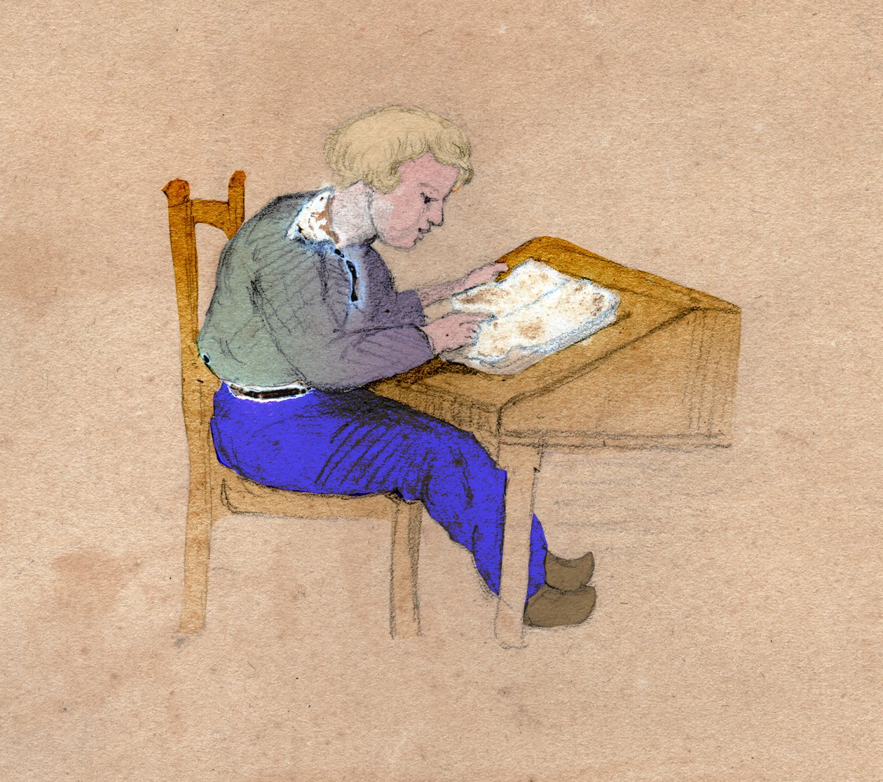 تلميذ في العمل على مكتبه. حوالي عام 1830 (رسم توضيحي) بواسطة . .