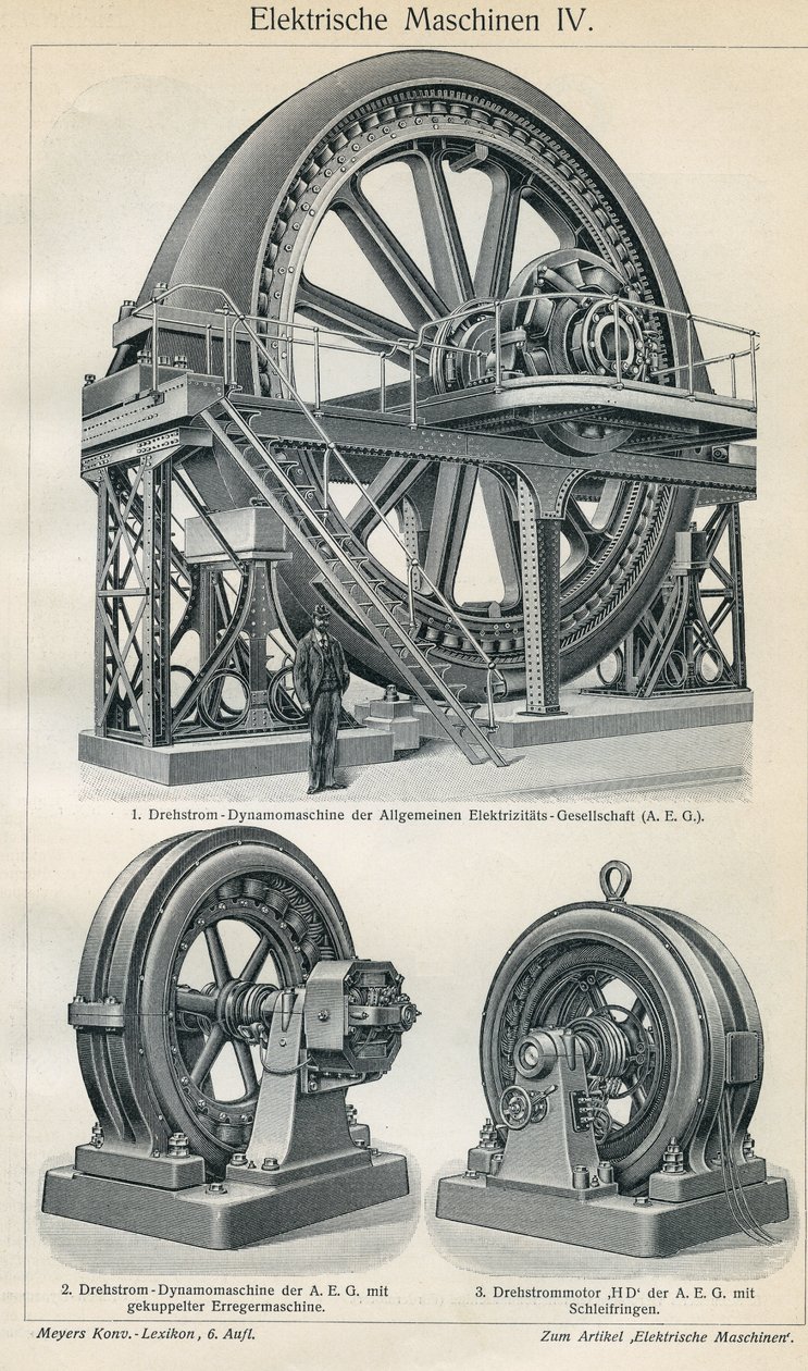 Science and technology board representing industrial electric machines with three-phase current. Illustration taken from “” Meyers Grosses Konversations - Lexikon””” 1904. Bibliographers Institut, Leipzig und Wien بواسطة فرديناند جورج والدمولر