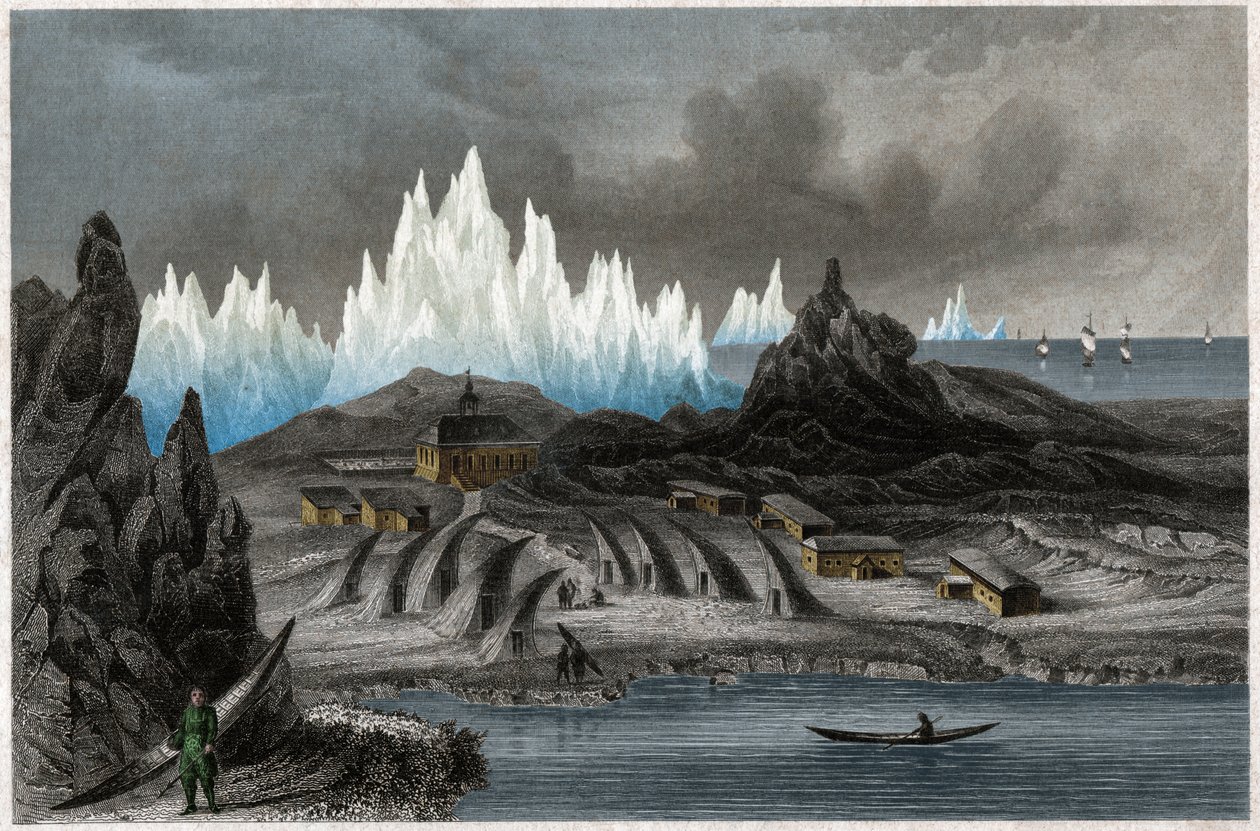 مستعمرة الإخوة مورافيا في أكونات ، جرينلاند (ليشتنفيلس). كاليفورنيا. 1850 (نقش) بواسطة . .