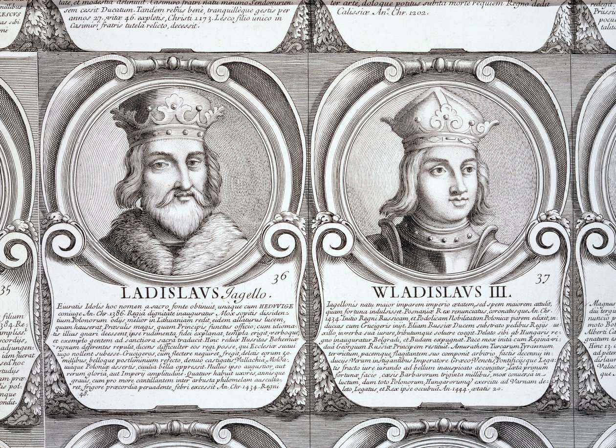 Wladyslaw II Jagiello و Wladyslaw III Warnenczyk ، لا. 36 و 37 من "السلسلة الزمنية لدوقات وملوك البولنديين" (نقش) بواسطة . .
