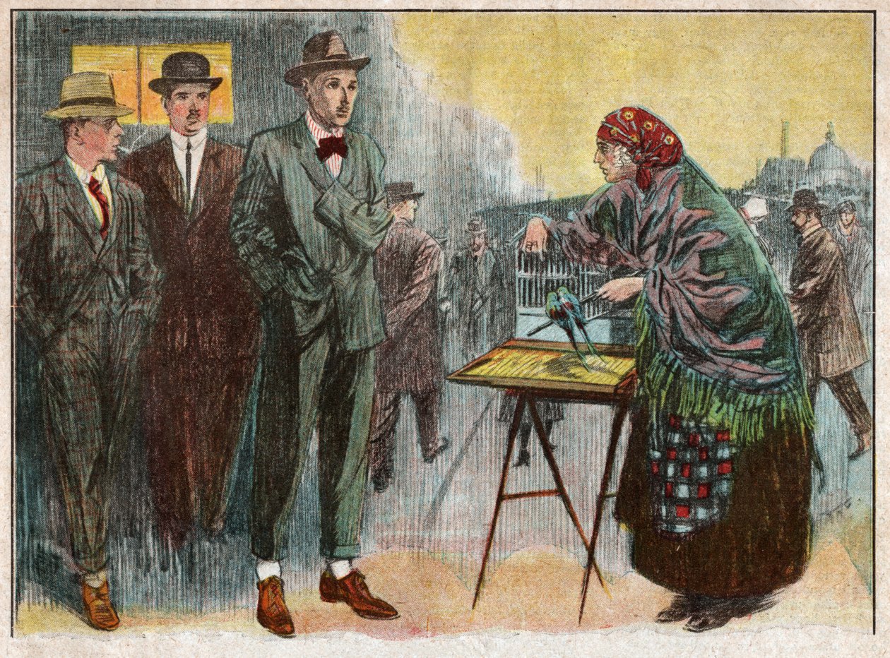 ممارسة المرأة العرافة بواسطة الطيور. 1926 (رسم توضيحي) بواسطة . .