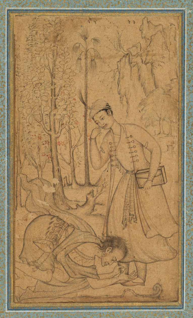 رجل مقدس يسجد نفسه أمام أمير متعلم ، ج. 1585 ، أضاف الحدود ربما 1700. بواسطة مانوهار