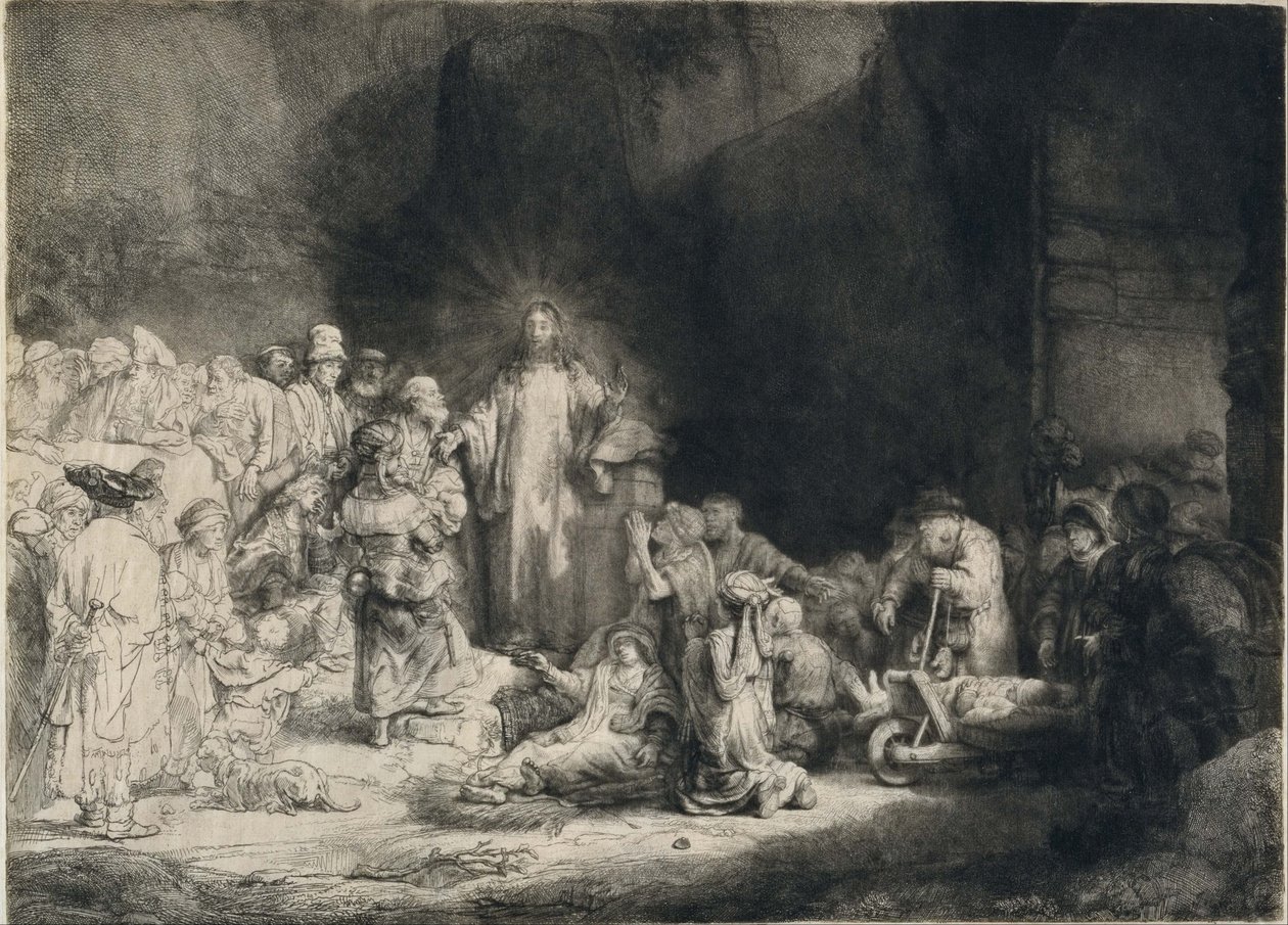 المسيح مع المرضى من حوله ، يستقبل الأطفال الصغار ("طبعة مائة جيلدر") بواسطة رامبرانت فان راين
