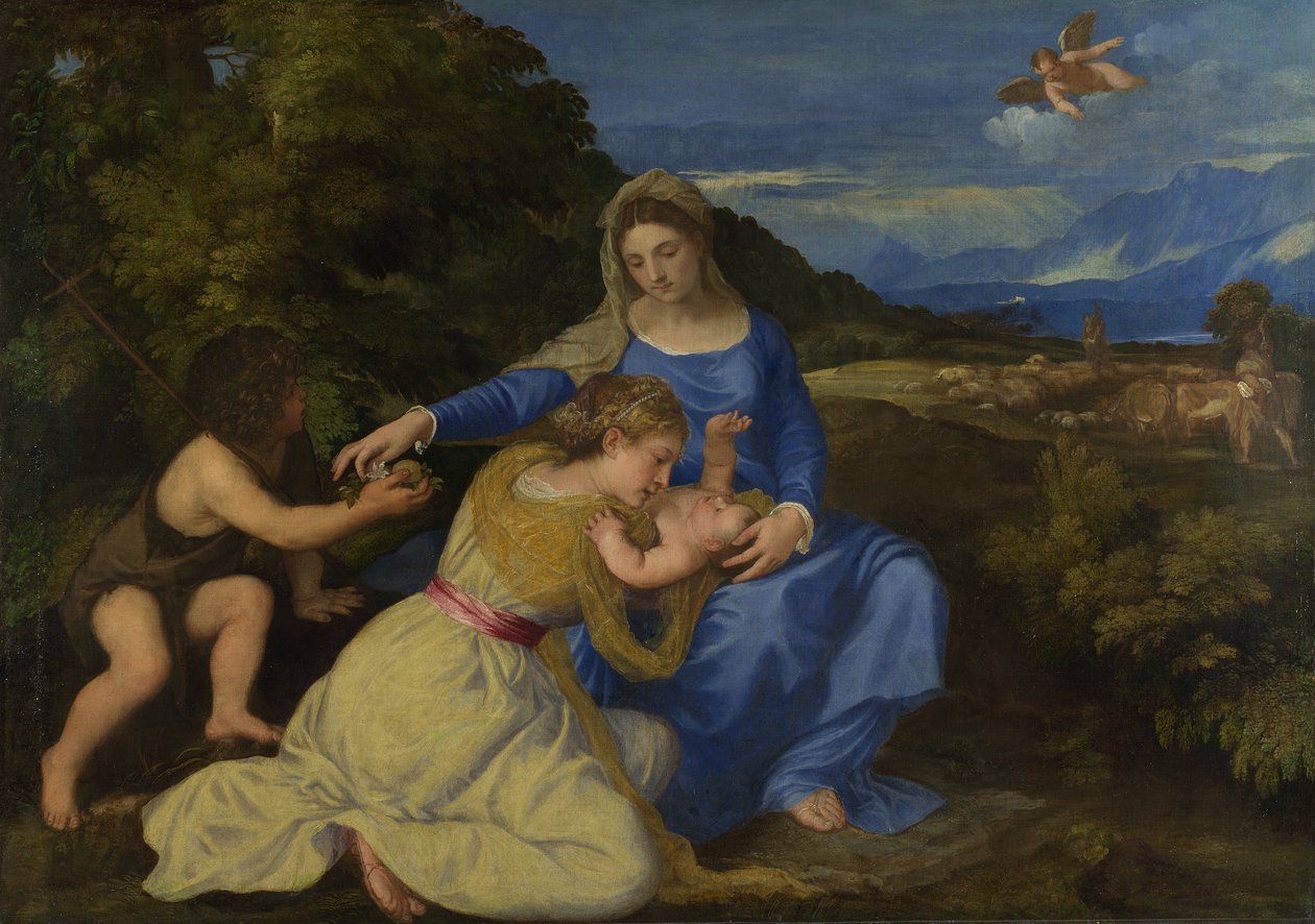 العذراء والطفل مع الرضيع القديس يوحنا وأنثى القديسة أو المتبرعة ("Aldobrandini Madonna") بواسطة تيزيانو فيتشيلي