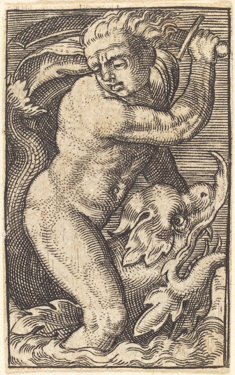 نسخة معكوسة من "Sea-God to the Left Riding on a Dolphin" بواسطة بعد بارثيل بهام