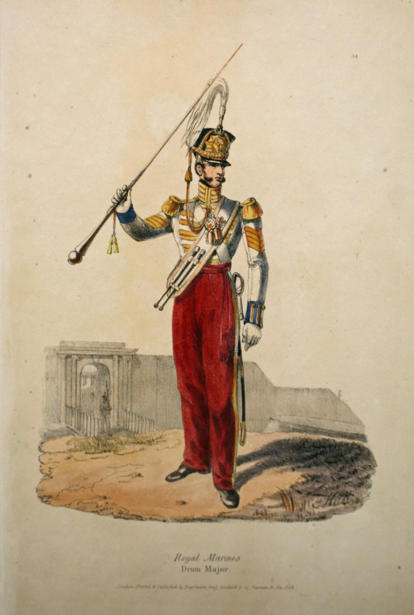 Royal Marines Drum Major، c.1829 (ليثو ملون يدويًا) بواسطة بعد إدوارد هال