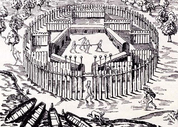 قرية غواراني ، من حانة جوتفريدس هيستوريا أنتيبودوم. في عام 1655 ، من الرومانسية من ريفر بليت ، المجلد. أنا ، بقلم WH Koebel ، 1914 بواسطة بعد المدرسة الألمانية