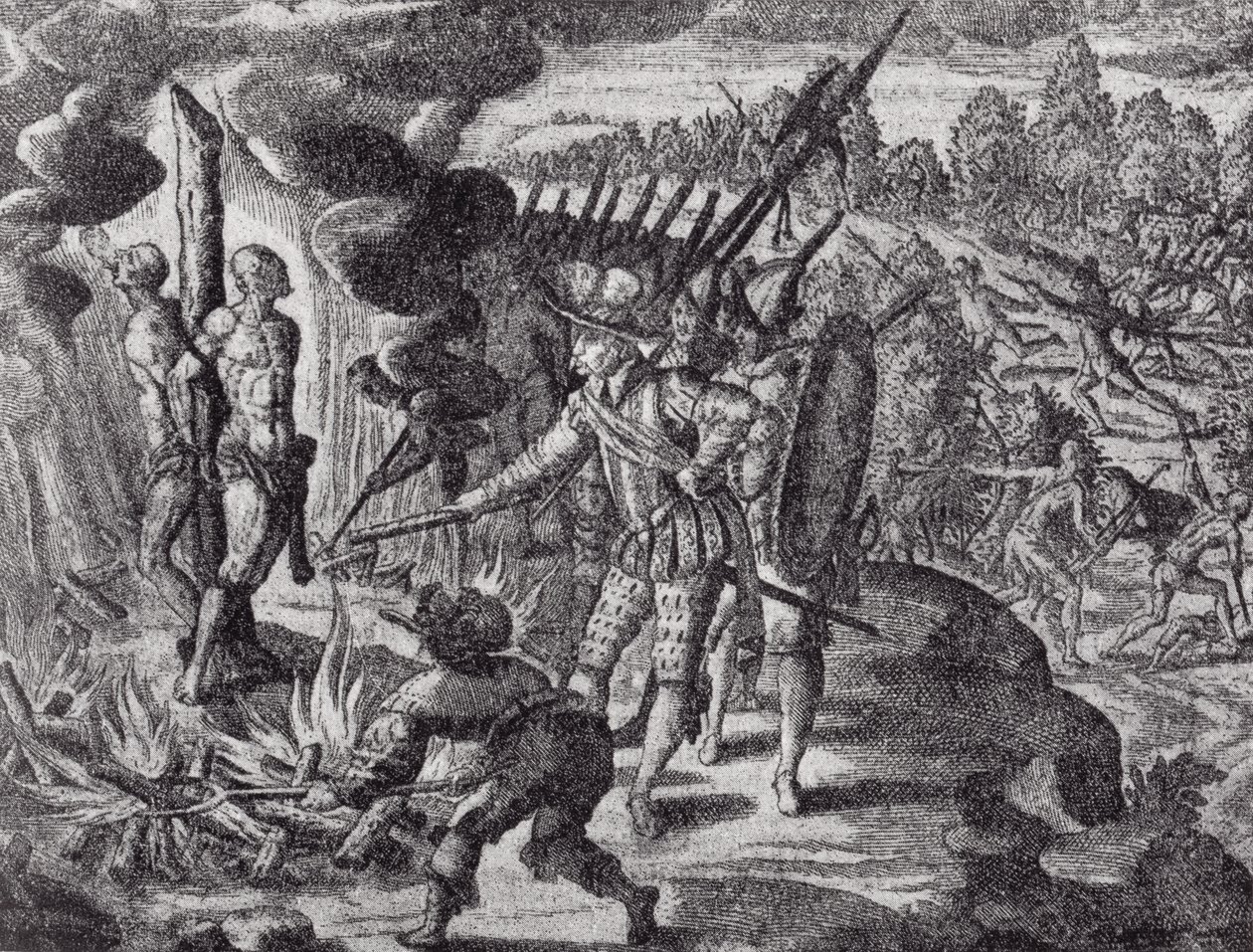 انتقام الإسبان لموت أيولاس ، من حانة جوتفريدس هيستوريا أنتيبودوم. في عام 1655 ، من الرومانسية من ريفر بليت ، المجلد. أنا ، بقلم WH Koebel ، 1914 بواسطة بعد المدرسة الألمانية