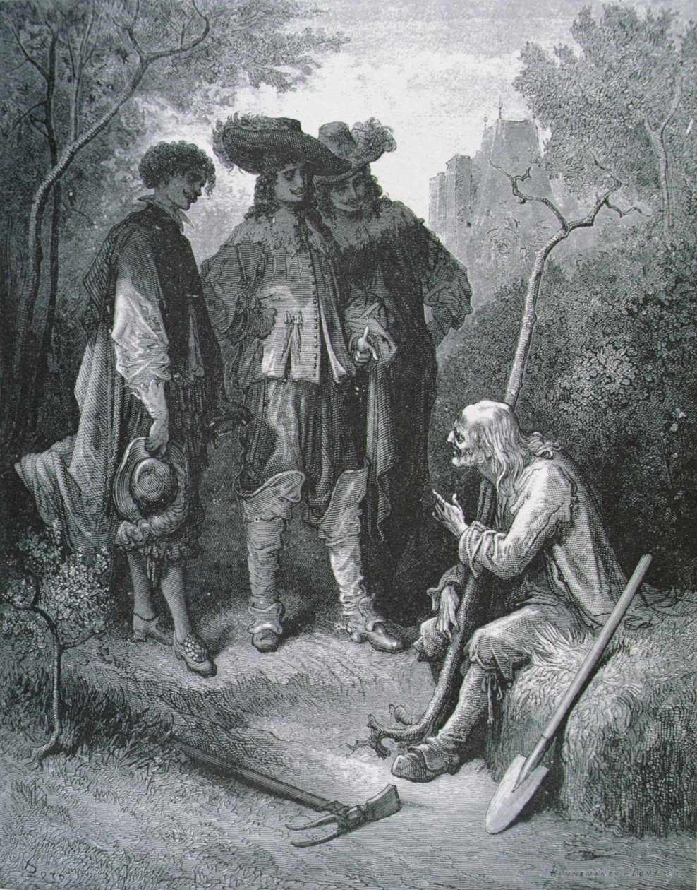 رسم توضيحي للرجل العجوز والشبان الثلاثة ، من خرافات جان دي لافونتين (1621-1695) بواسطة غوستاف بعد دوري