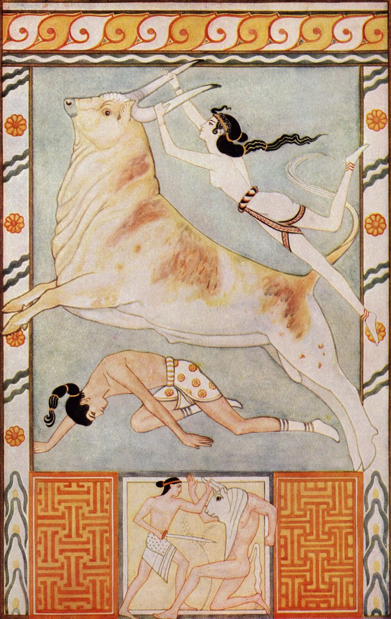 The Bull Baiters ، رسم توضيحي من "أساطير كريت وأوروبا ما قبل الهيلينية" بقلم دونالد أ.ماكينزي ، نُشر عام 1917 بواسطة بعد جون دنكان