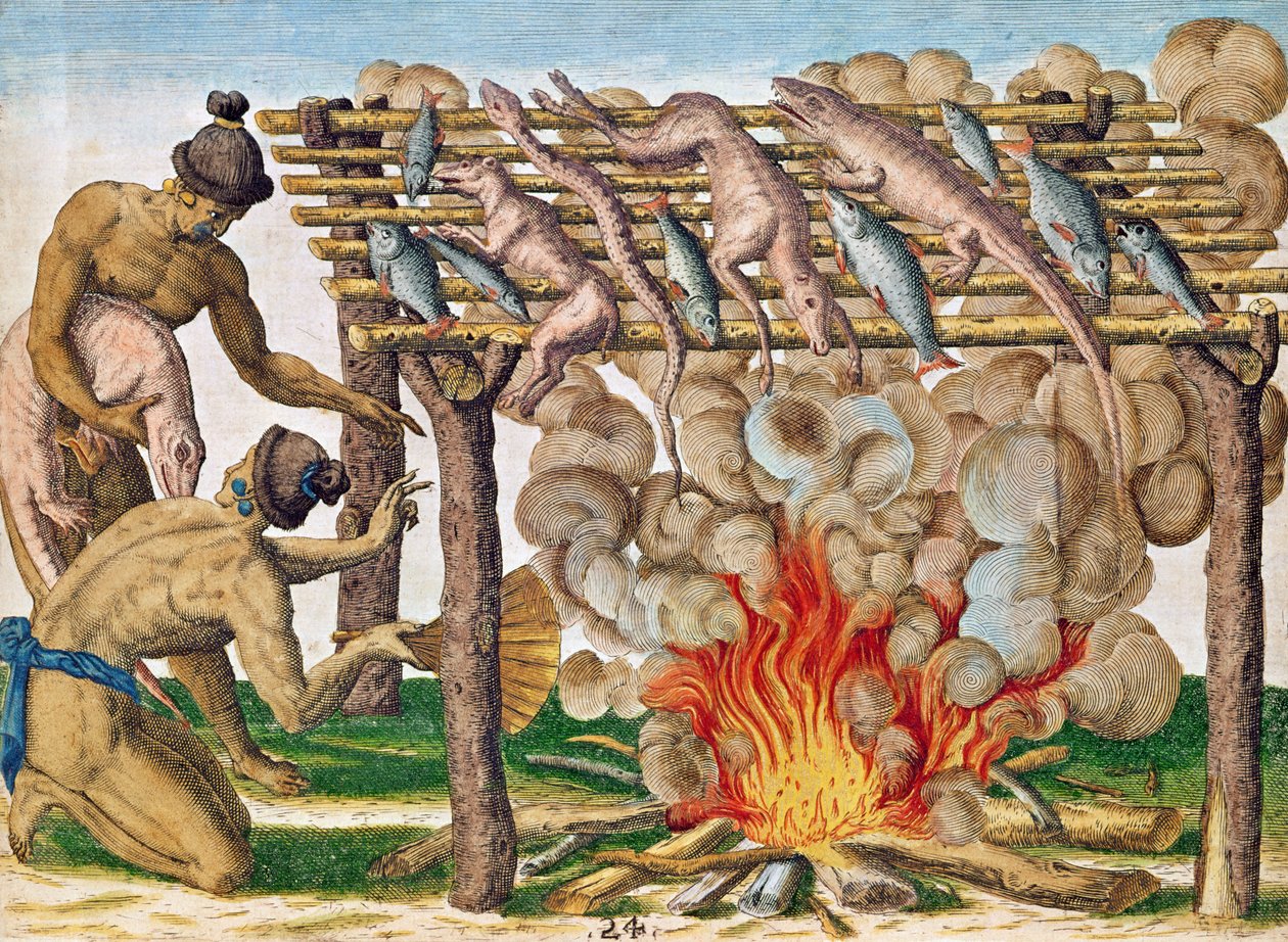 كيفية شواء الحيوانات ، من "Brevis Narratio ..." ، نشره Theodore de Bry ، 1591 بواسطة بعد لو موين ، جي براي