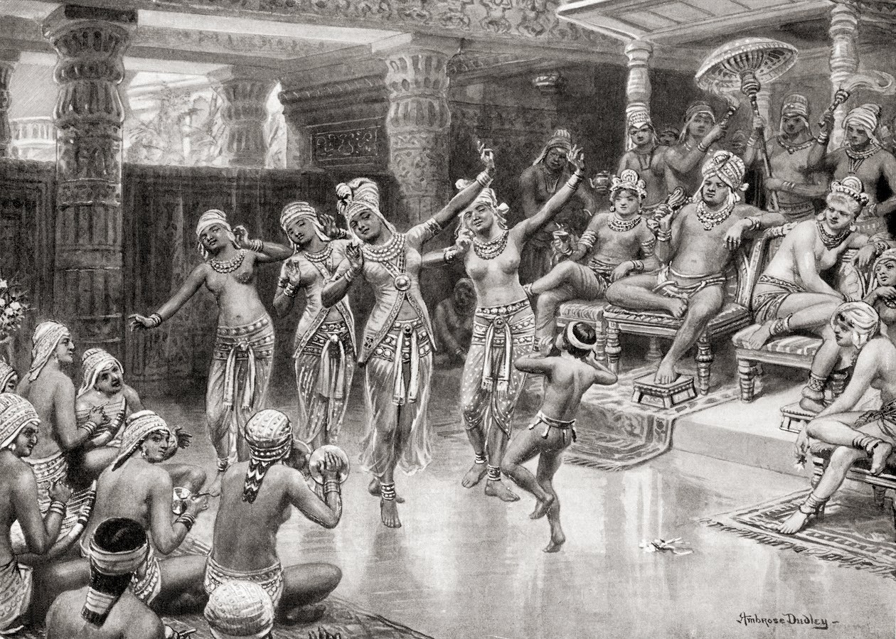انطباع فنانين من القرن التاسع عشر عن Gautamiputra Satakarani يحتفل بانتصاره على Nahapana ، من Hutchinsons History of the Nations ، pub. بواسطة بعد روبرت دادلي