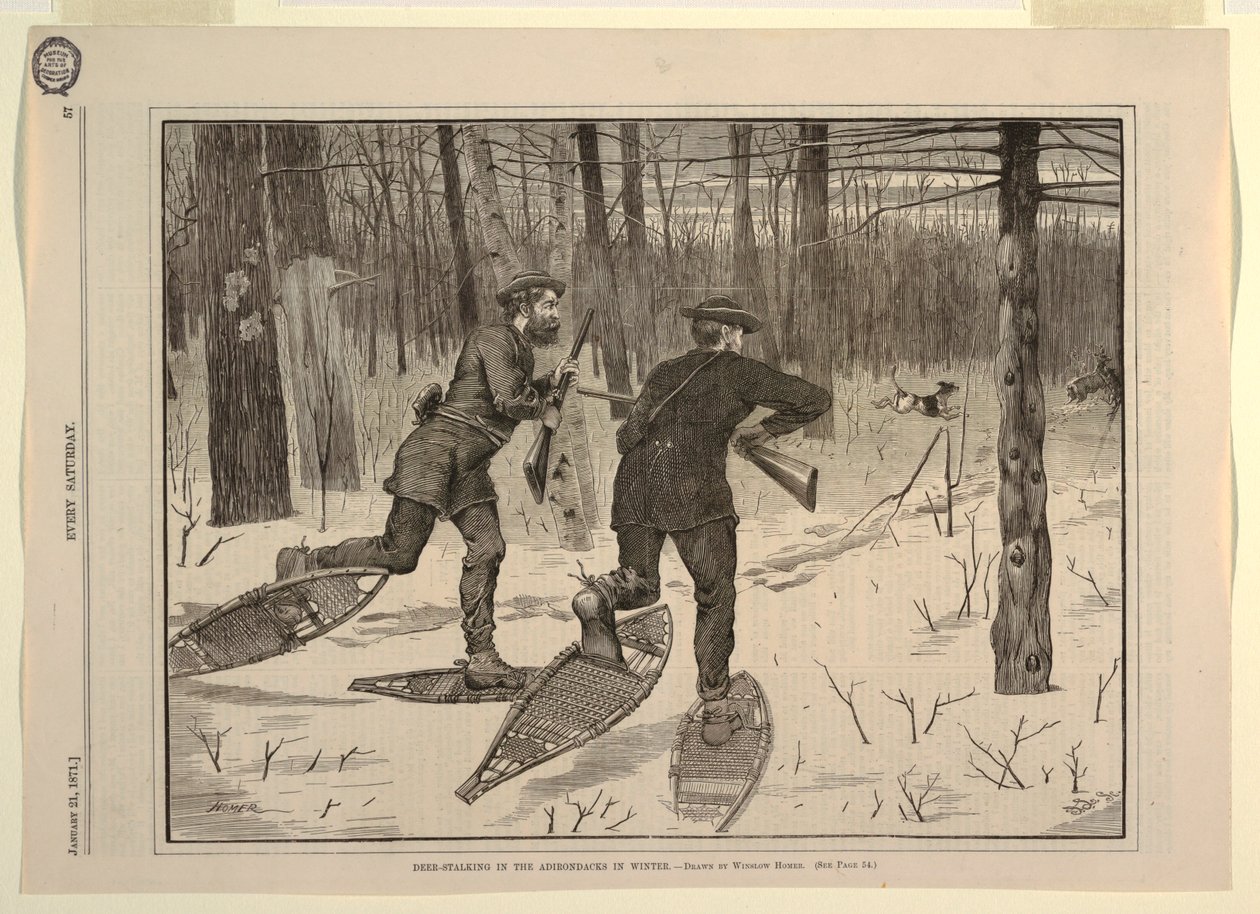 مطاردة الغزلان في Adirondacks في الشتاء ، من كل يوم سبت ، 21 يناير 1871 ، ص. 57 بواسطة وينسلو هومر