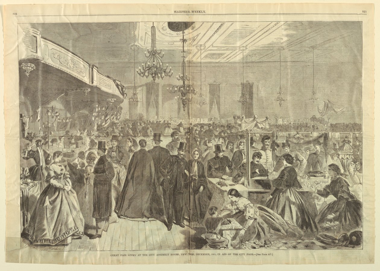 معرض كبير تم تقديمه في City Assembly Rooms ، نيويورك ، ديسمبر 1861 ، في Aid of City Poor ، من Harper's Weekly ، 28 ديسمبر 1861 ، ص 824-825. بواسطة وينسلو هومر