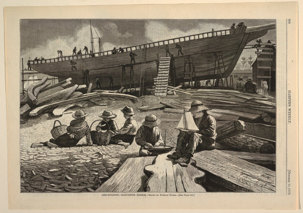 بناء السفن ، ميناء جلوستر ، من Harper's Weekly ، 11 أكتوبر 1873 ، ص. 900 بواسطة بعد وينسلو هوميروس