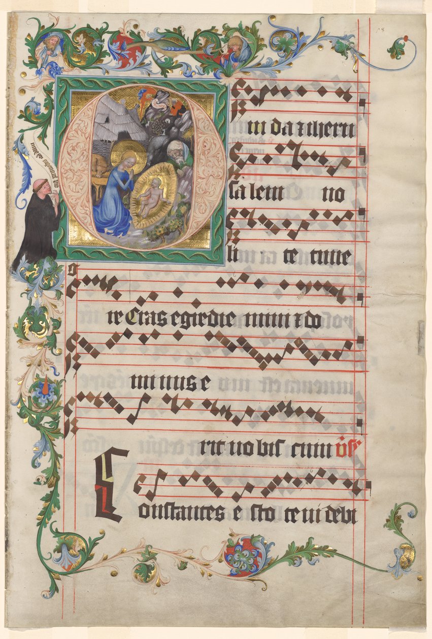 Bifolio من Antiphonary: التأريخ الأولي O مع الميلاد بواسطة بعد عمل منسوب إلى Zhou Wenju