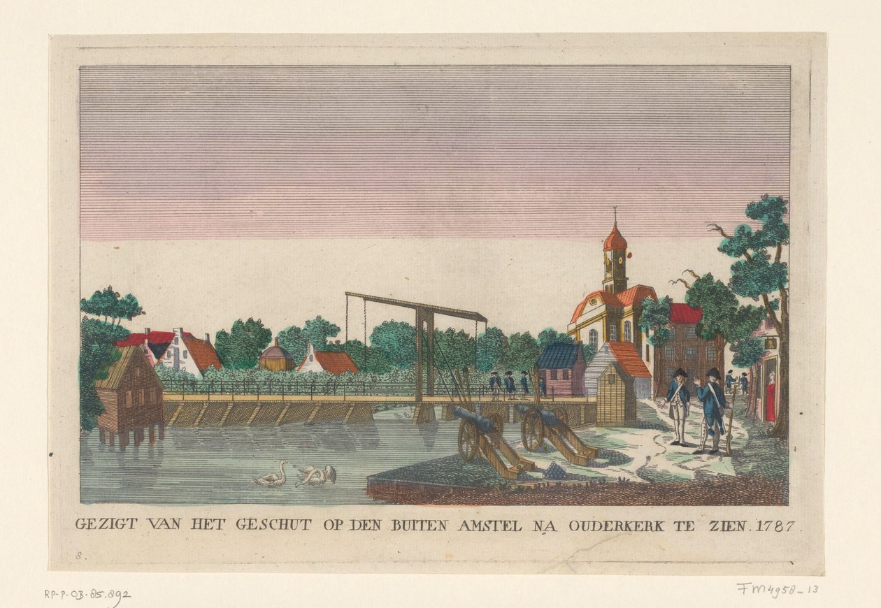 البطارية في Ouderkerk ، 1787 يمكن رؤية منظر المدفعية على Buiten Amstel بعد Ouderkerk في عام 1787 (العنوان على الكائن) بطاريات حول أمستردام عام 1787 (نسخ ألمانية) (عنوان السلسلة) بواسطة مجهول (ينسب إلى)