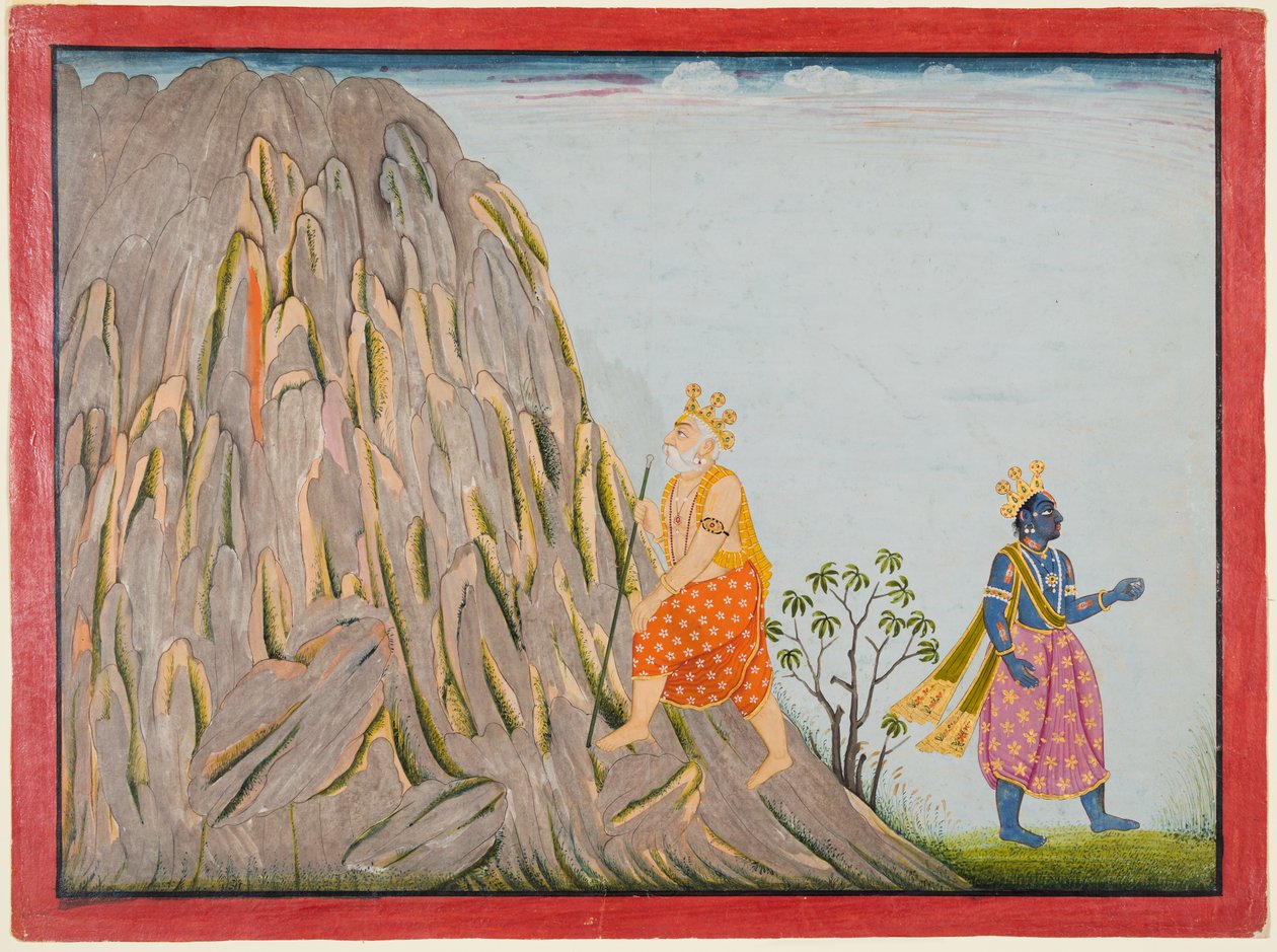 الملك Muchukunda يدخل عالم جبل Gandhamadana لتحقيق الخلاص ، من "Basohli Bhagavata Purana الخامسة" بواسطة ينسب إلى فتو