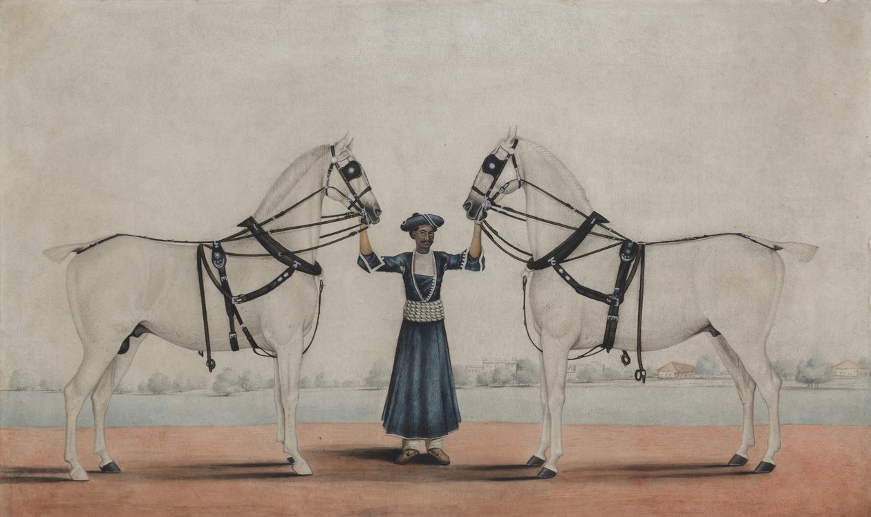A Syce Groom يحمل اثنين من الخيول ، كاليفورنيا. 1845. بواسطة منسوبة إلى فضيلة الشيخ محمد أمير منطقة كراية.