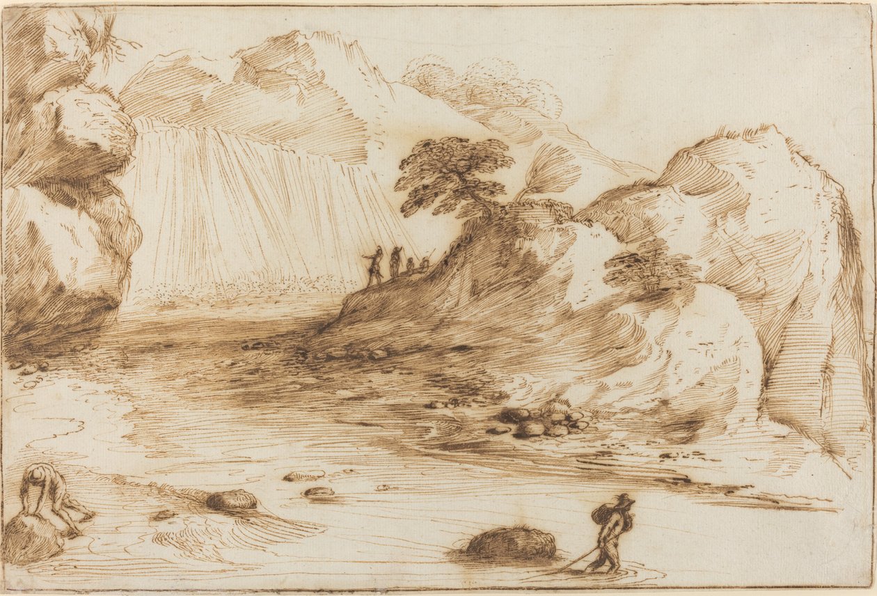 منظر طبيعي مع شلال بواسطة يسمى Guercino Giovanni Francesco Barbieri