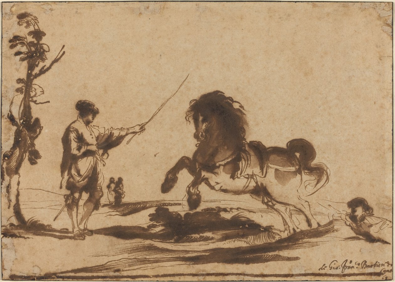منظر طبيعي مع ترويض الحصان بواسطة يسمى Guercino Giovanni Francesco Barbieri