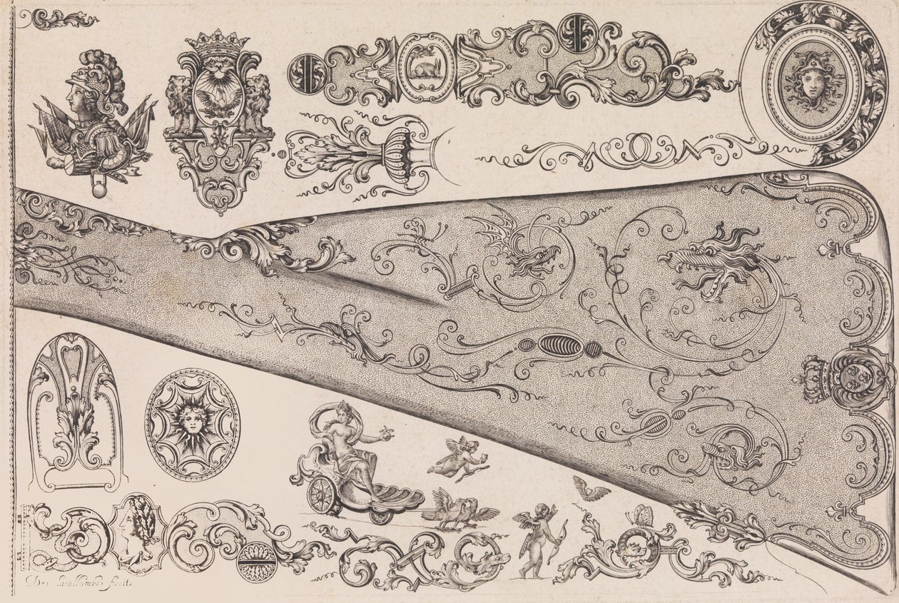 اللوحة السابعة من Nouveavx Desseins D'Arquebvseries ، كاليفورنيا. 1705-30. بواسطة دي لا كولومب