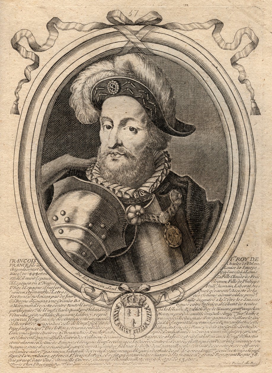 صورة لفرانسوا الأول (1494-1547) ، ملك فرنسا - فرانسيس الأول ، ملك فرنسا - نقش من "Les Augustes Representations de tous les Kings de France من فاراموند إلى لويس الرابع عشر" ، باريس بواسطة دي لارميسين
