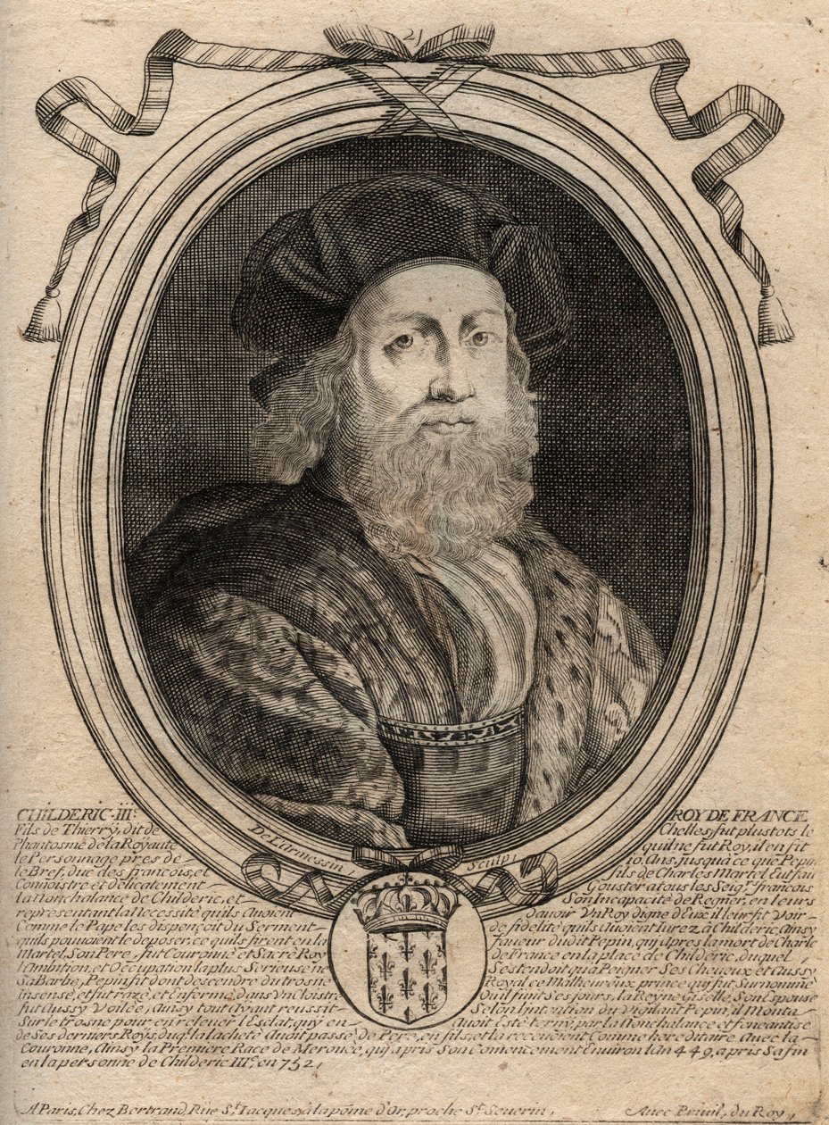سلالة Merovingians: صورة Childeric III (714-755) ملك الفرنجة - CHILDERIC الثالث (754) ملك الفرنجة ، 741-751 ، وآخر من Merovingians - نقش من 'Les Augustes Representations de tous les ملوك فرنسا من فاراموند بواسطة دي لارميسين
