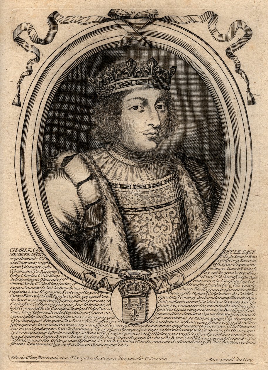 صورة شارل الخامس الحكيم (1338 - 1380) - شارل الخامس الحكيم أو شارل الخامس الحكيم ، ملك فرنسا من منزل فالوا - نقش من "تمثيلات Les Augustes de tous les Kings de France من Pharamond إلى LouisXIV" ، باريس بواسطة دي لارميسين