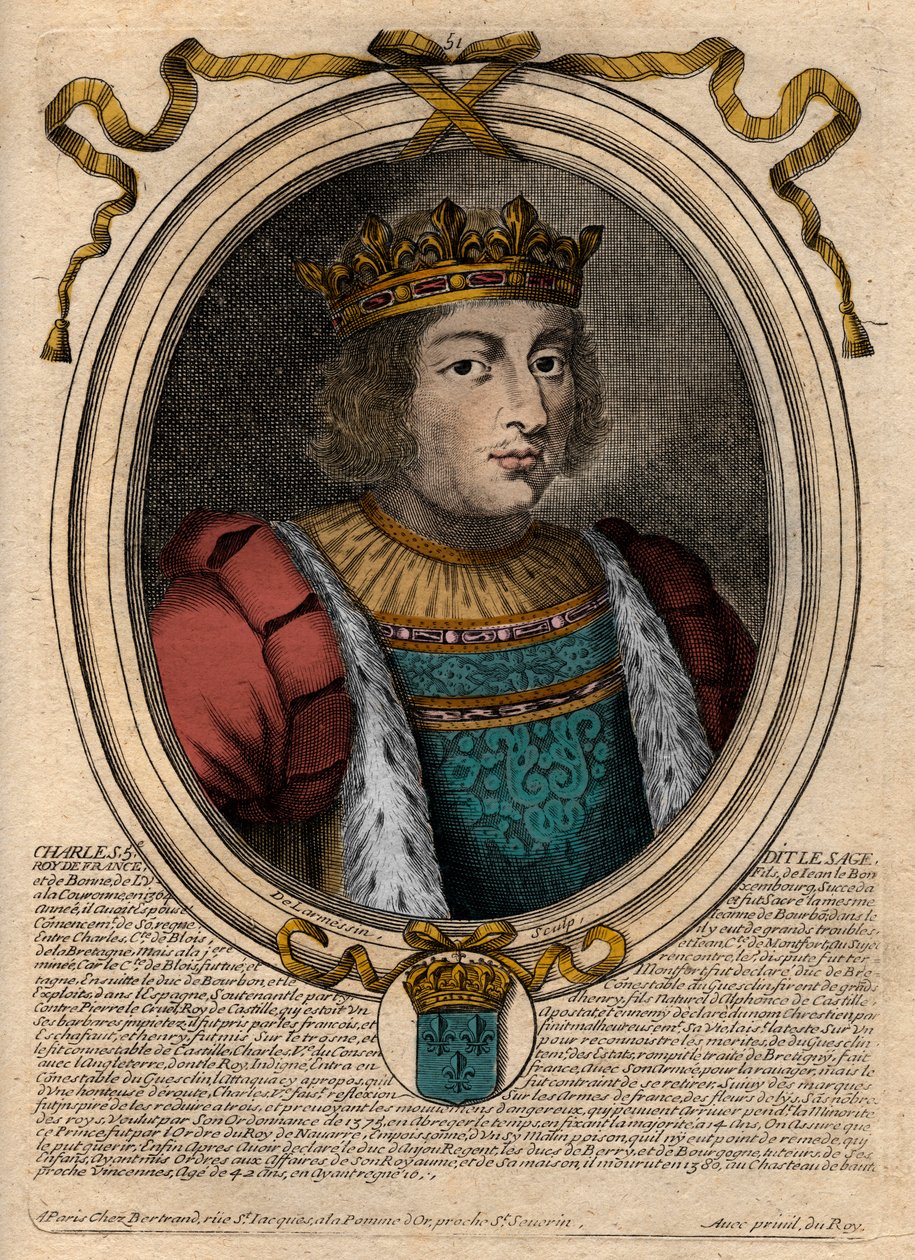 صورة شارل الخامس الحكيم (1338 - 1380) - شارل الخامس الحكيم أو شارل الخامس الحكيم ، ملك فرنسا من منزل فالوا - نقش من "تمثيلات Les Augustes de tous les Kings de France من Pharamond إلى LouisXIV" ، باريس بواسطة دي لارميسين
