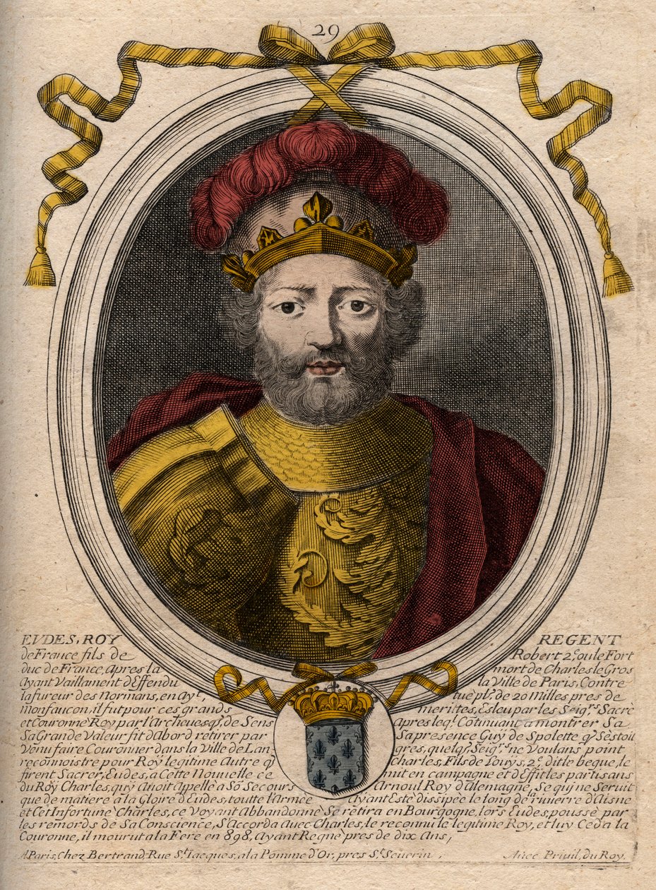 Portrait of Eudes (Odon) (v.860 - 898) ، كونت باريس وتروا ، ثم ملك فرنسا - انتخب كونت باريس من قبل EUDES للعرش الفرنسي بعد خلع تشارلز الإمبراطور - نقش من 'Les Augustes Representations de tous les ملوك فرنسا f بواسطة دي لارميسين