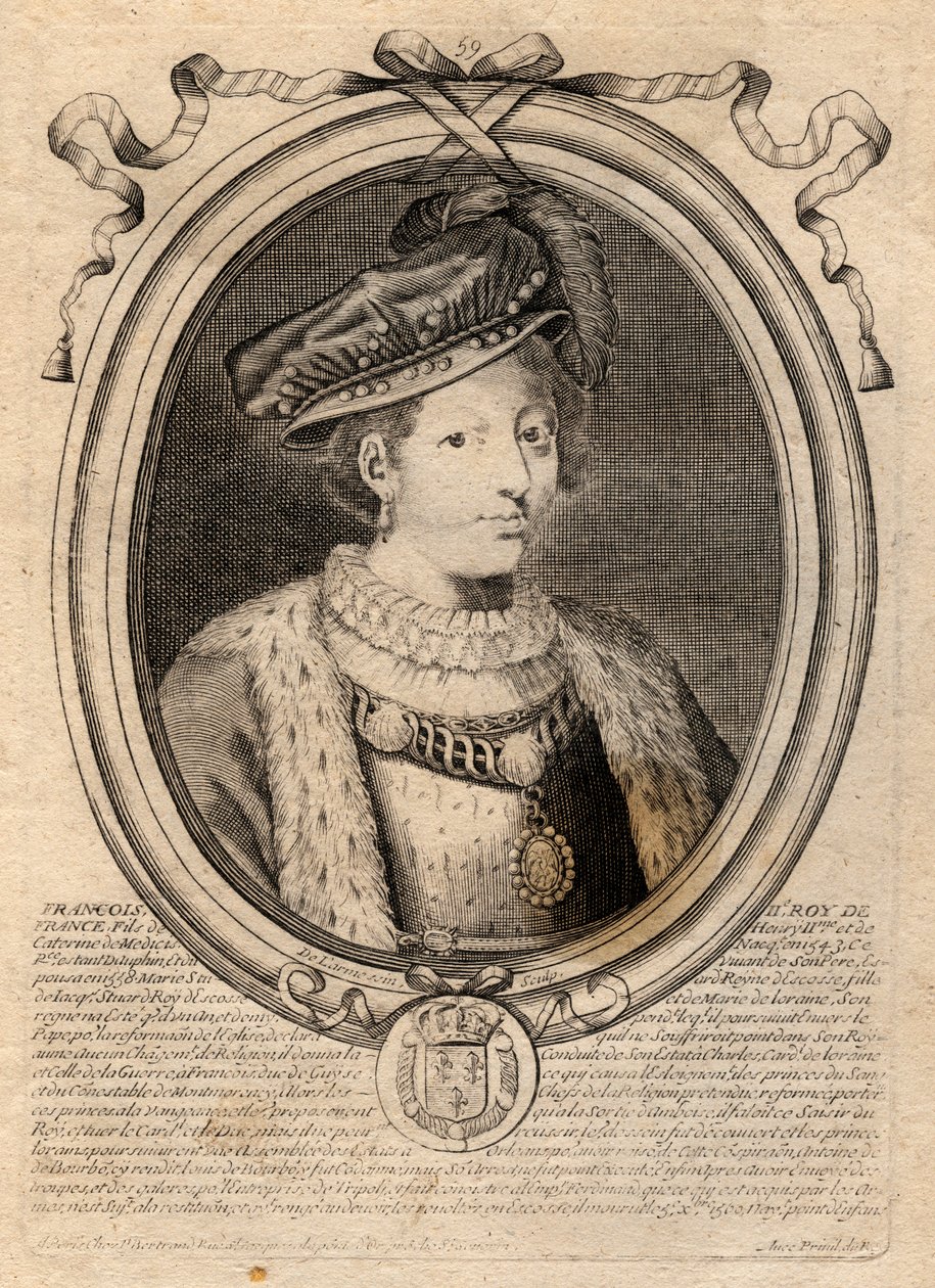 صورة لفرانسوا الثاني (1544-1560) ملك فرنسا - فرانسوا (فرانسيس) الثاني (1544-60) - نقش من "Les Augustes Representations de tous les Kings de France من فاراموند إلى لويس الرابع عشر" ، باريس بواسطة دي لارميسين