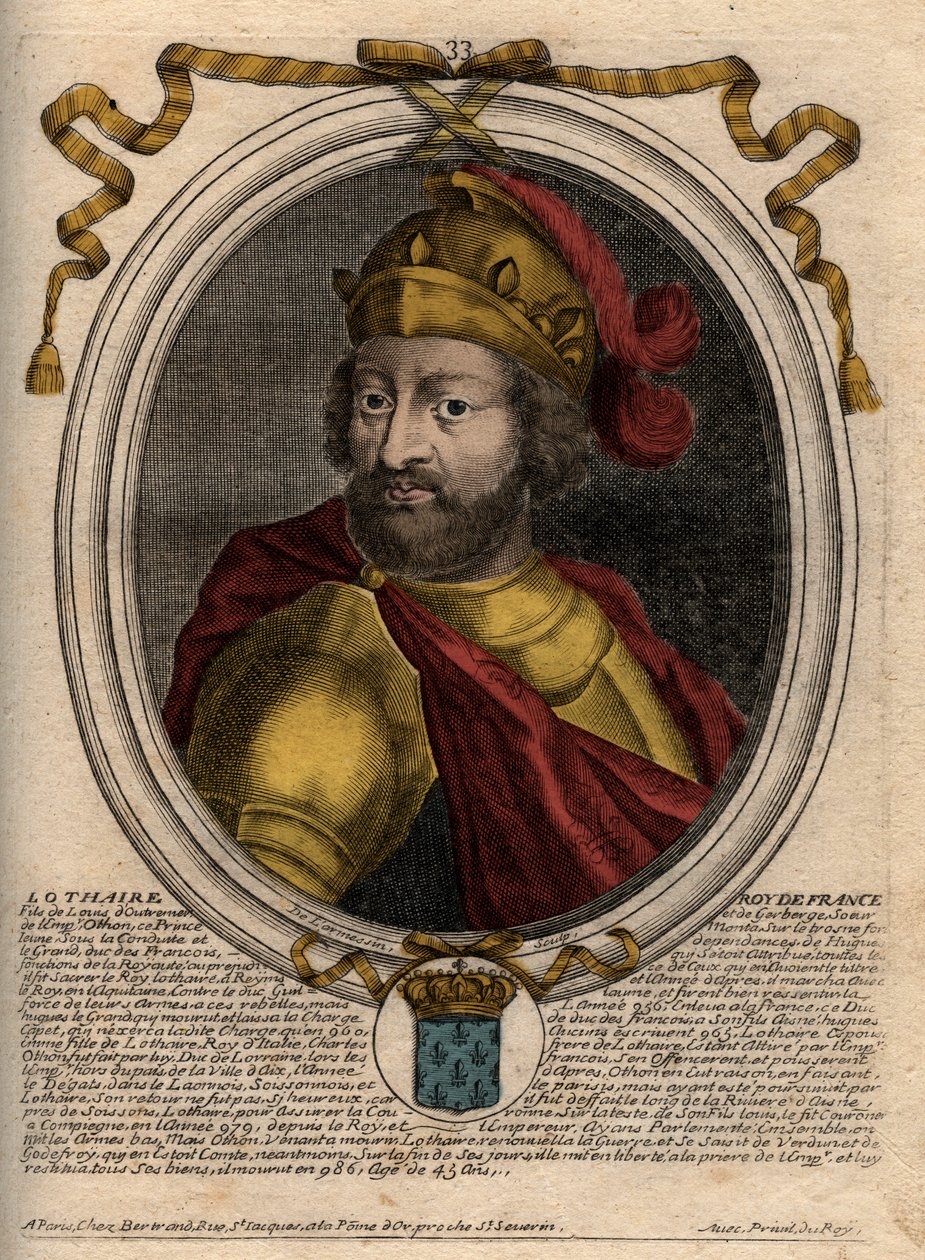 صورة لوثير (941-986) ، ملك الفرنجة - لوثر (941-986) ملك فرنسا - نقش من "Les Augustes Representations de tous les Kings de France من فاراموند إلى لويس الرابع عشر" ، باريس بواسطة دي لارميسين