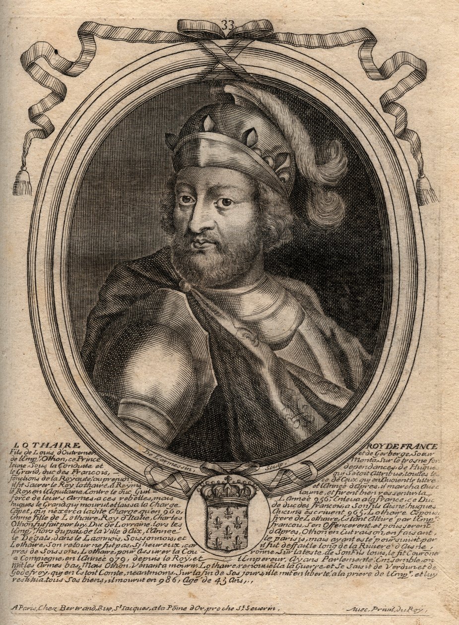 صورة لوثير (941-986) ، ملك الفرنجة - لوثير (941-986) ملك فرنسا - نقش من "Les Augustes Representations de tous les Kings de France من فاراموند إلى لويس الرابع عشر" ، باريس بواسطة دي لارميسين