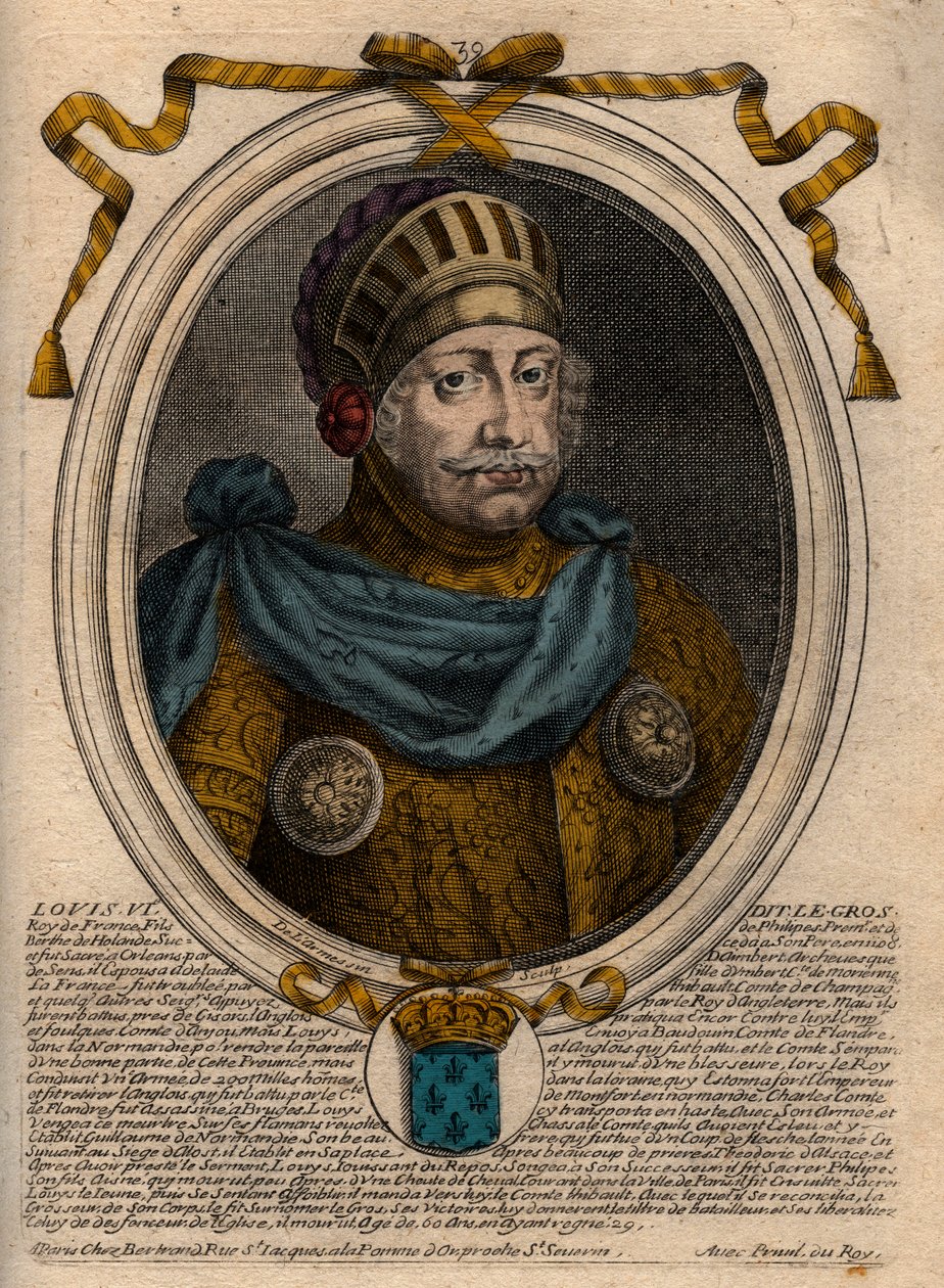 صورة لويس السادس ، تسمى The Fat - نقش من 'Les Augustes Representations de tous les Kings de France من Pharamond إلى LouisXIV' ، باريس بواسطة دي لارميسين