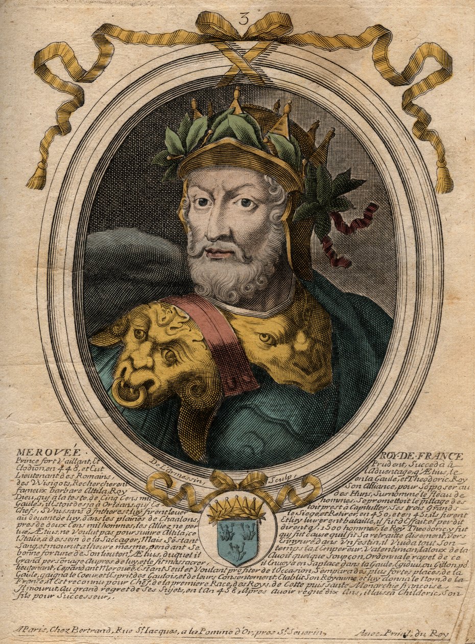 صورة لميروفي أو ميروفيتش ، ملك فرانك (v448-v458) ، أول ملك لسباق Merovingian - صورة Merovech (Meroveus) (d456) ملك Salian Franks - نقش من 'Les Augustes Representations de tous les Kings de France من Pharamond إلى Loui بواسطة دي لارميسين