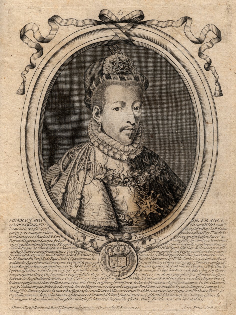 صورة لملك فرنسا هنري الثالث (1551-1589) - صورة هنري الثالث (1551-89) ملك فرنسا - نقش من "Les Augustes Representations de tous les Kings de France من فاراموند إلى لويس الرابع عشر" ، باريس بواسطة دي لارميسين