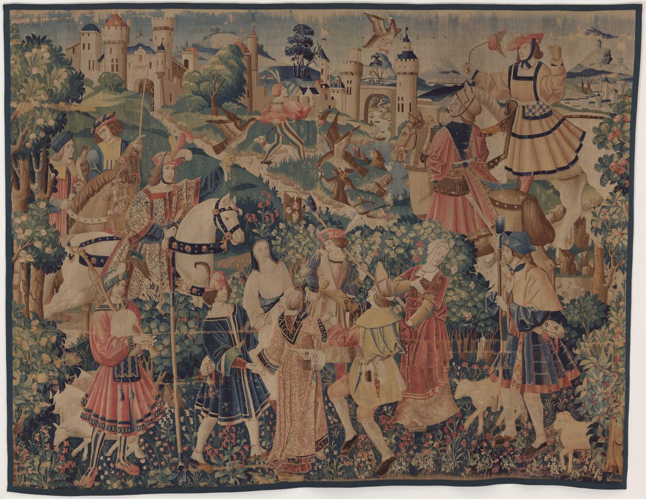 مشاهد الصيد والرعوية ، مع مزمار القربة والراقصين بواسطة ربما يكون التصميم الفرنسي القرن السادس عشر ، باريس ؛ منسوجة في جنوب هولندا أو باريس في ورشة عمل غير محددة