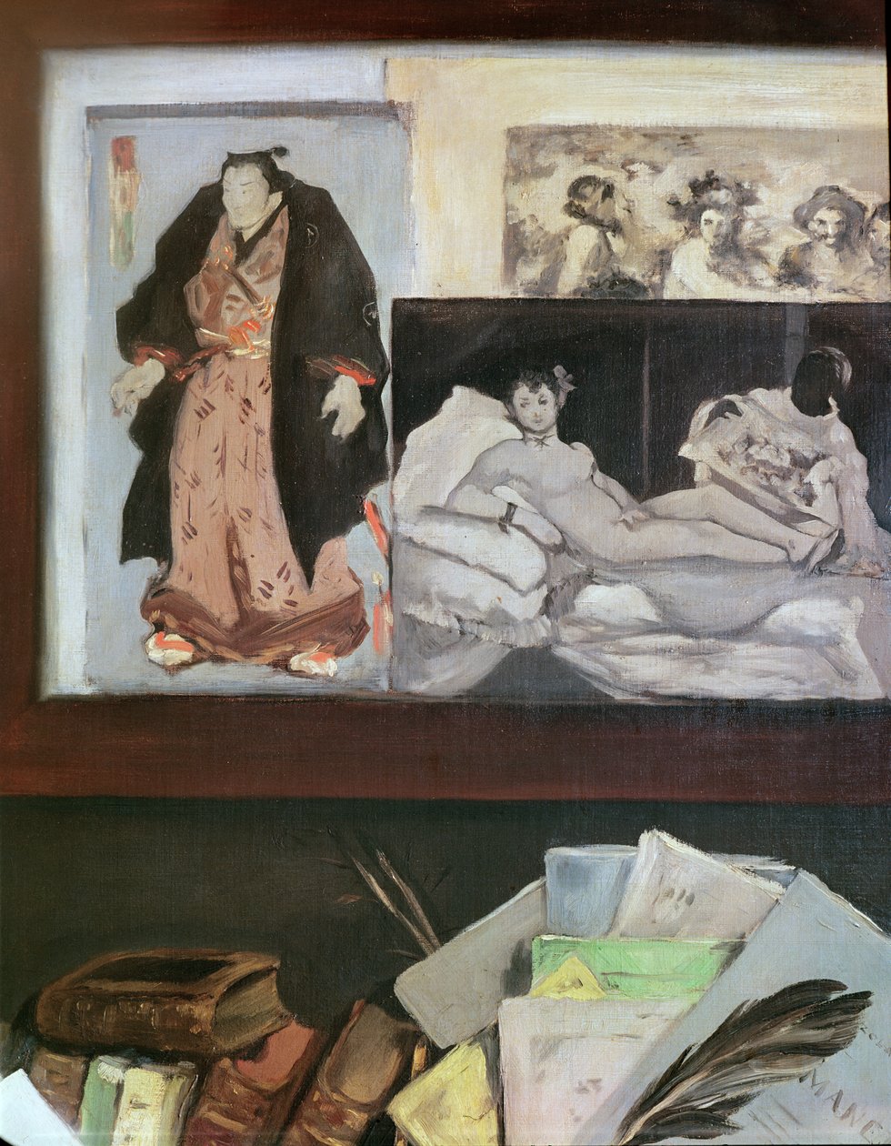 صورة لإميل زولا (1840 - 1902) (تفاصيل الجدار العلوي الأيمن الذي يصور المطبوعات اليابانية ، "أولمبيا" و "باكوس" لفيلكيز) ، 1868 بواسطة إدوارد مانيه