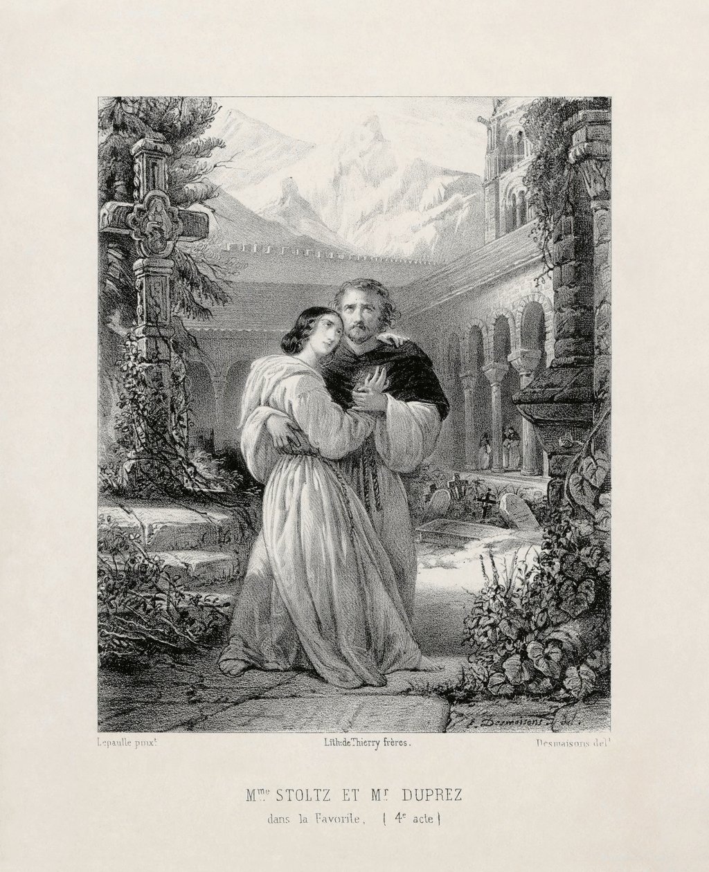 جيلبرت دوبريز (1806-1896) مثل فرناندو وروزين ستولتز (1815-1903) مثل ليونور دي غوزمان في الفصل الرابع من المفضلة لدى غايتانو دونيزيتي في سالي لو بيليتييه في باريس في 1840-1841 بواسطة اميل ديمايسونز