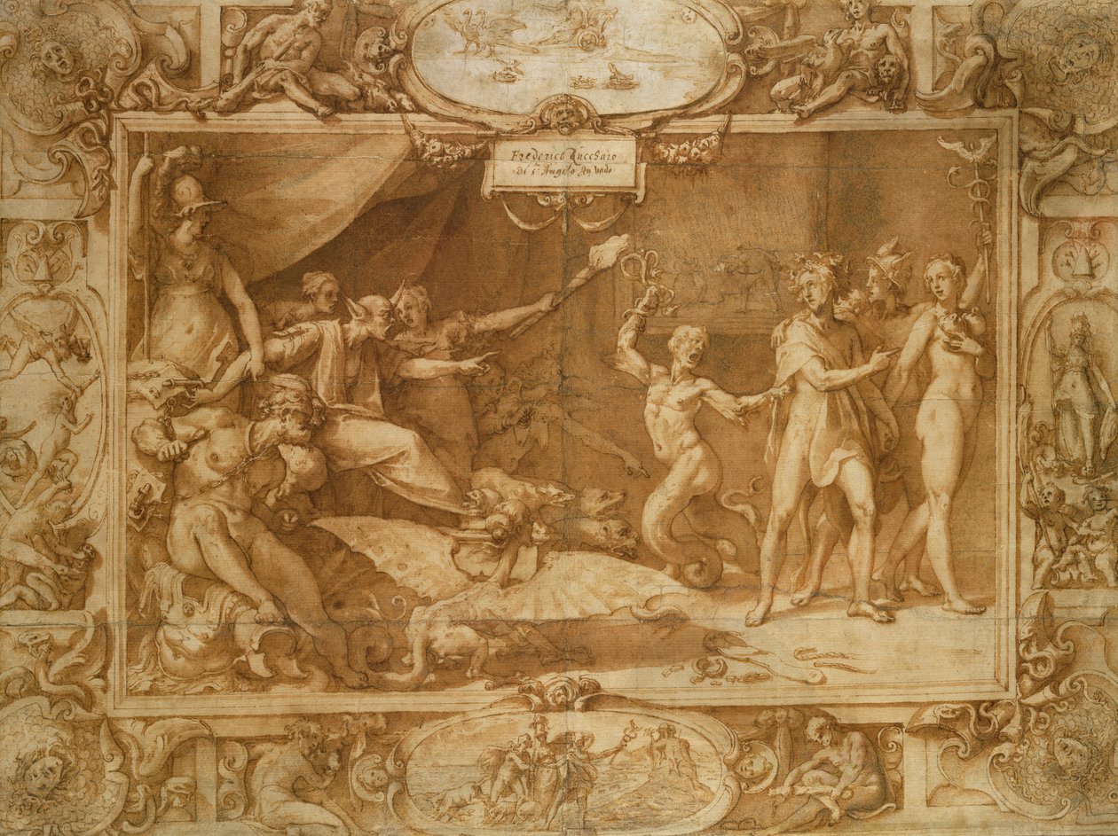 Calumny of Apelles ، 1572 (قلم وحبر بني وغسل على الورق) بواسطة فيديريكو زوكاري أو زوكارو