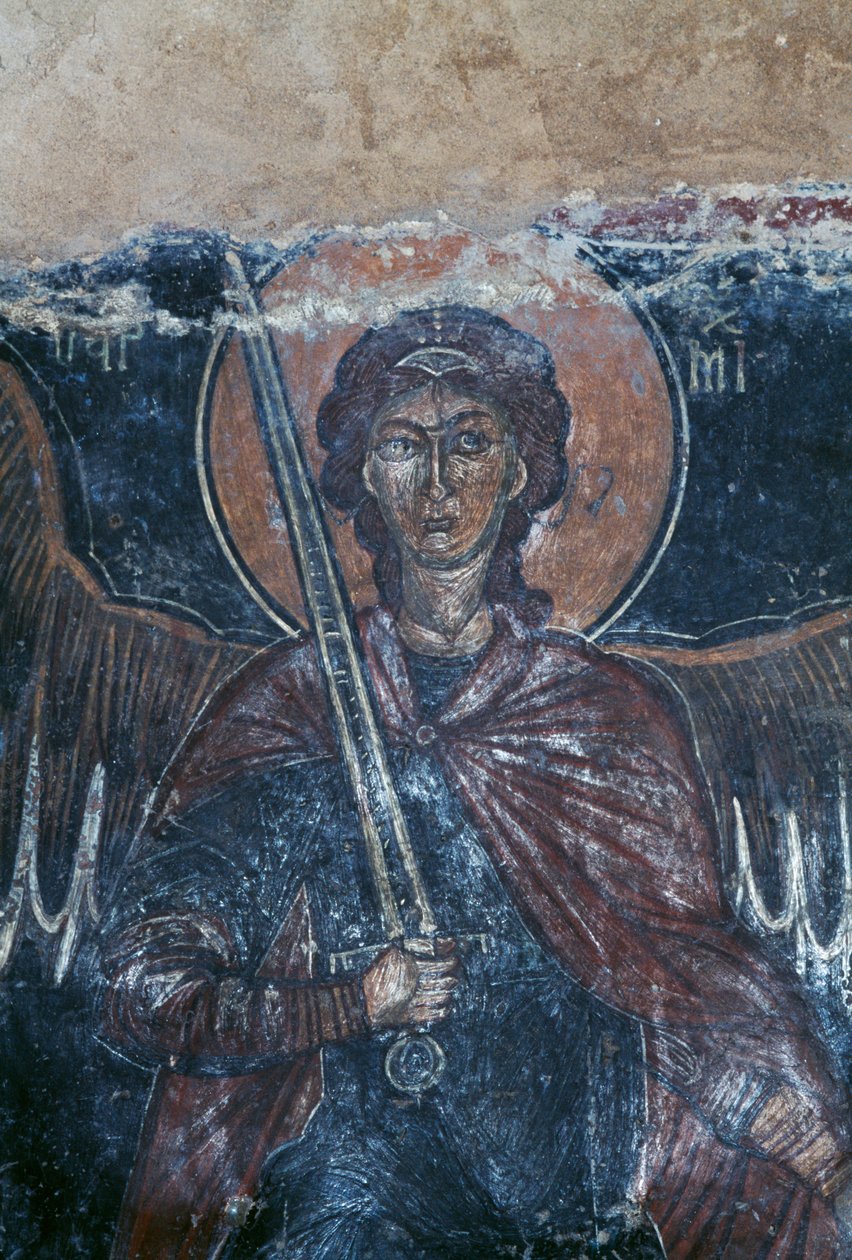 Angel holding sword, fresco in Byzantine church of St George, Komitades, Crete, Greece (photo) بواسطة أو Magno Cesare Magni