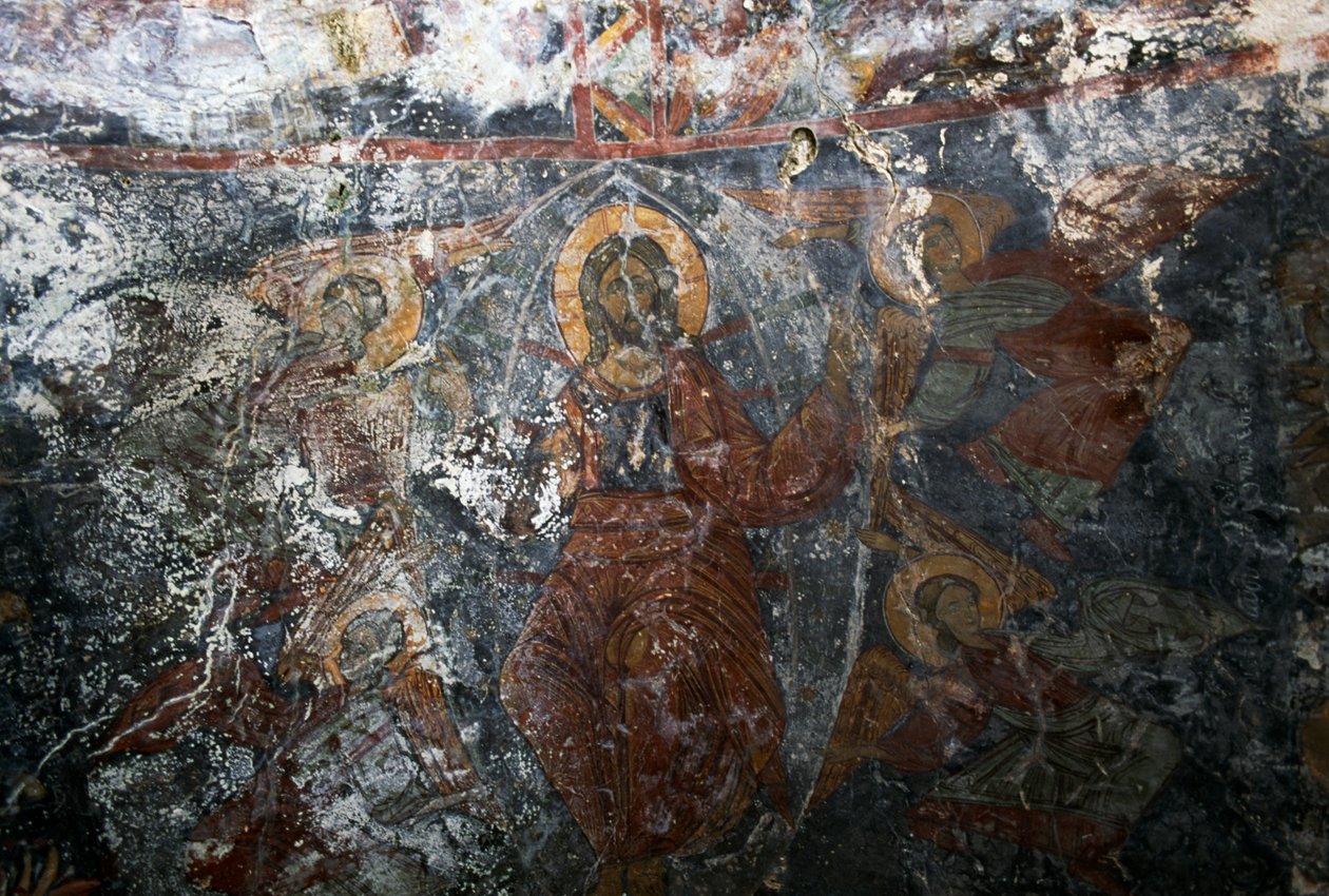 Christ with Angels and saint, fresco in church of Panagia, Kitiros, Crete, Greece (photo) بواسطة أو Magno Cesare Magni
