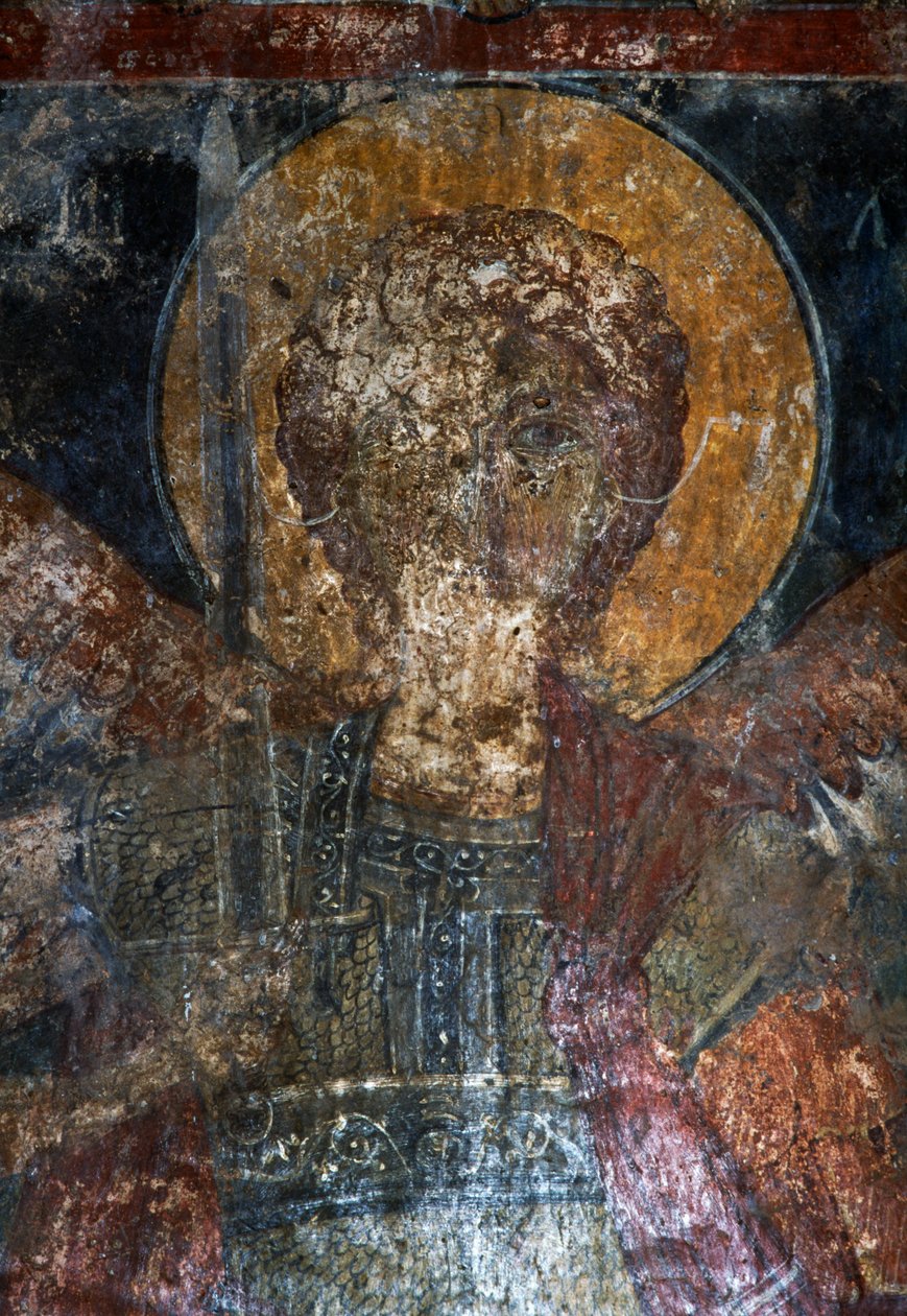 Figure of saint, fresco in Byzantine church of Agios Constantinos and Agia Eleni, Voukolies, Crete, Greece (photo) بواسطة أو Magno Cesare Magni