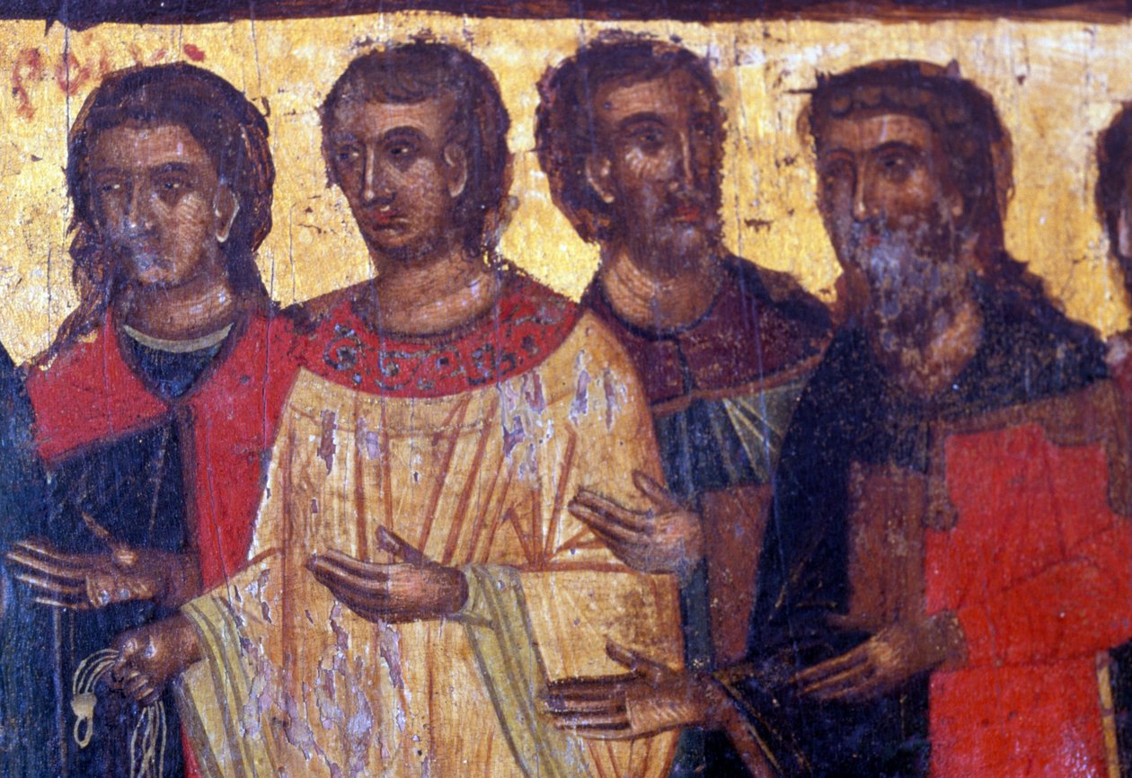 Male figures, wooden panel in Byzantine church of Palea Roumata, Crete, Greece (photo) بواسطة أو Magno Cesare Magni