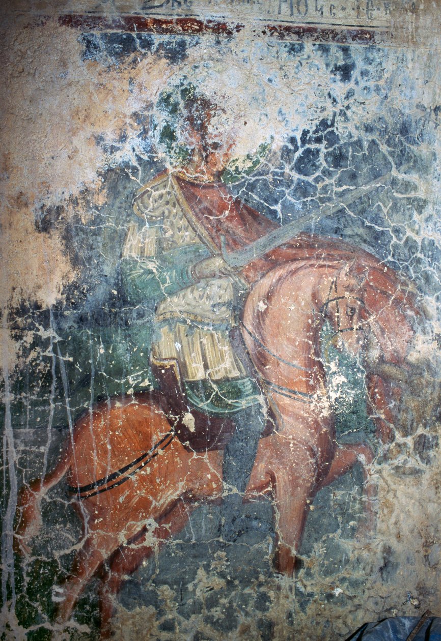 Man on horseback with sword, fresco in Byzantine church of Agios Athanasios, Kefali, Crete, Greece (photo) بواسطة أو Magno Cesare Magni