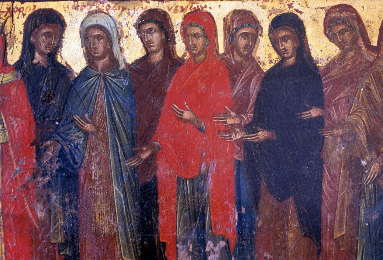 Pious women, wood panel in Byzantine church of Palea Roumata, Crete, Greece (photo) بواسطة أو Magno Cesare Magni