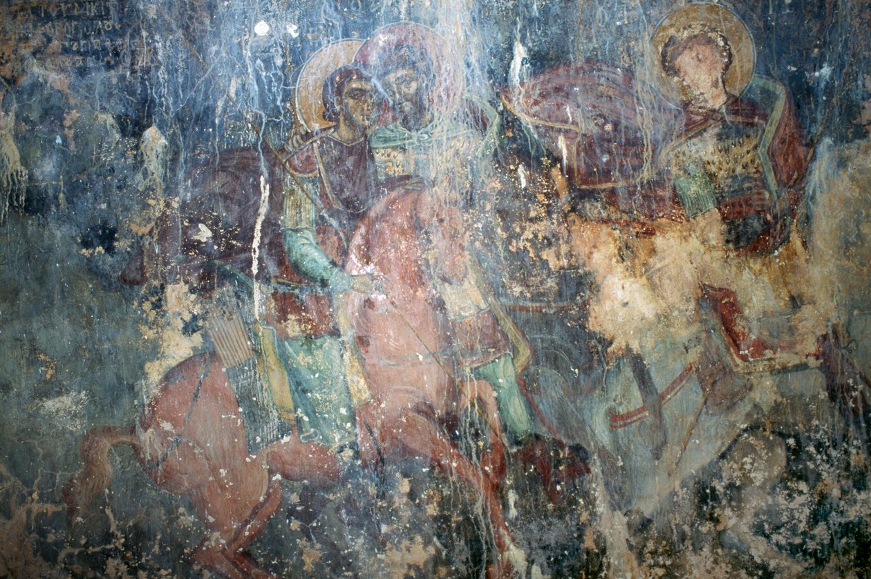 قديسين على ظهور الخيل ، لوحة جدارية في الكنيسة البيزنطية أجيوس أثاناسيوس ، كيفالي ، كريت ، اليونان (الصورة) بواسطة أو Magno Cesare Magni